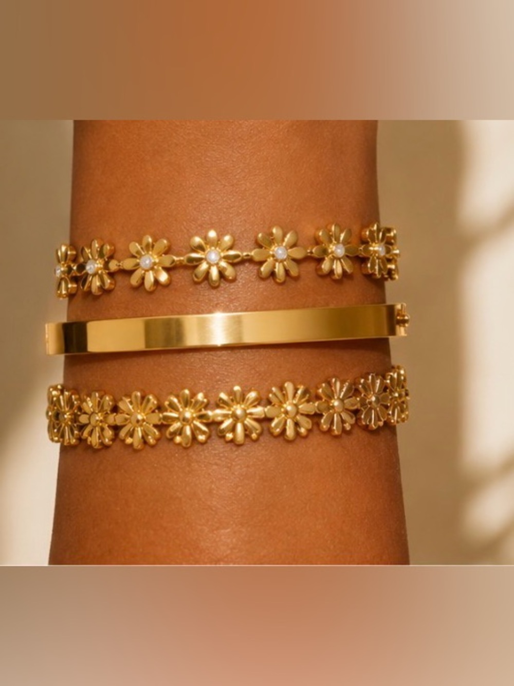 3 pieces Gold Floral Daisy Link Bracelet - Women Jewelry